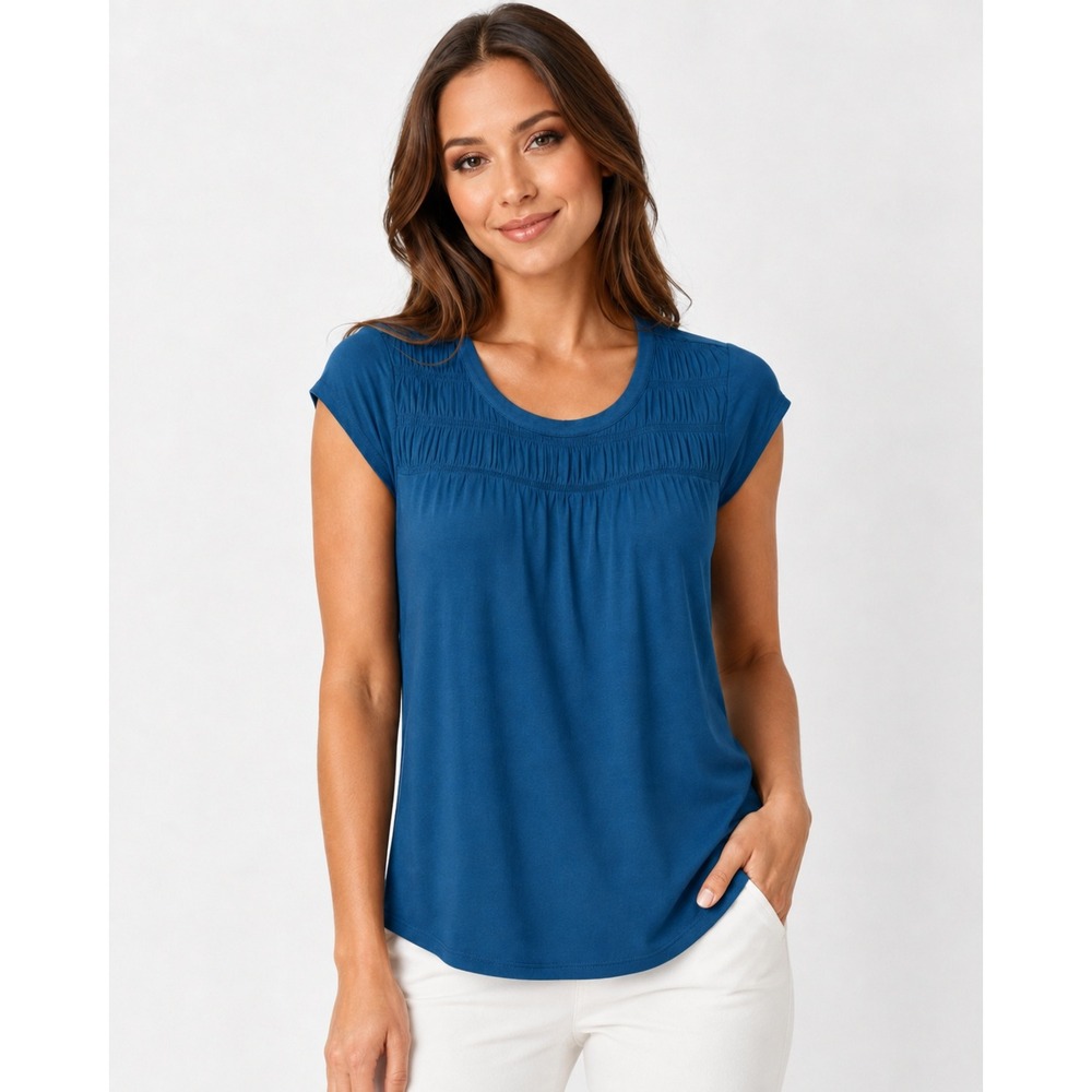Les Serein Brinly Blue Pintuck Smocked Short Sleeve Knit Top Size S NWT